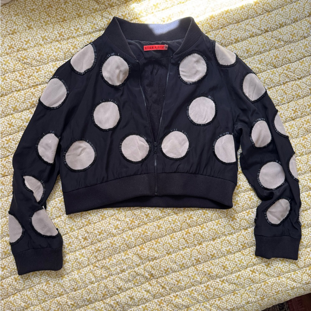 Alice + Olivia Black and Gray Bomber Jacket with Polka Dots